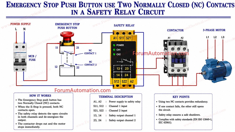 Why Emergency Stop push button use two Normally Closed (NC) contacts in ...