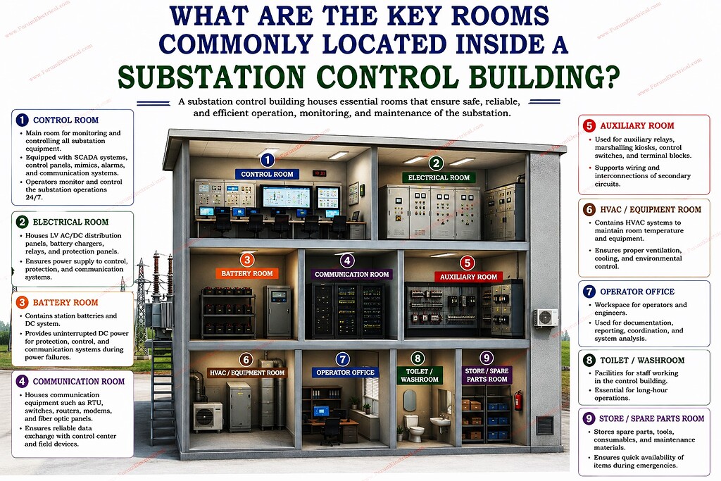 What are the key rooms commonly located inside a substation control ...
